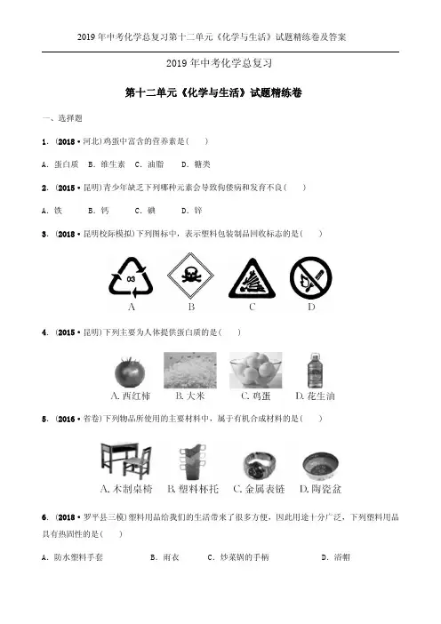 2019年中考化学总复习第十二单元《化学与生活》试题精练卷及答案