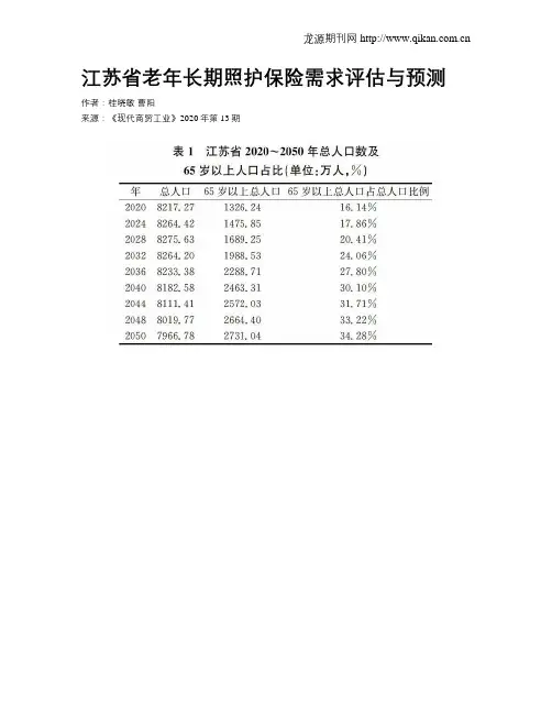 江苏省老年长期照护保险需求评估与预测