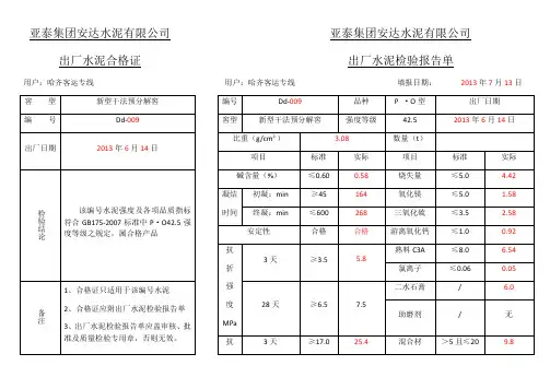 水泥合格证范本