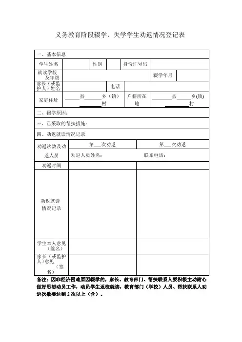 义务教育阶段辍学学生劝返情况家访记录