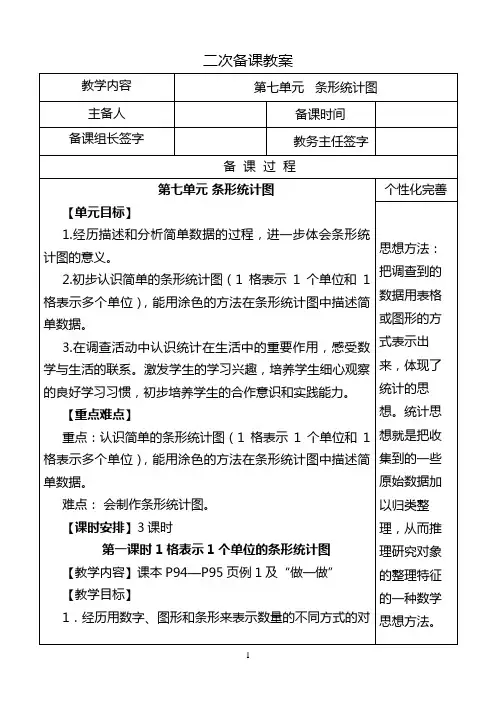 人教版四年级上册数学第七单元条形统计图教案