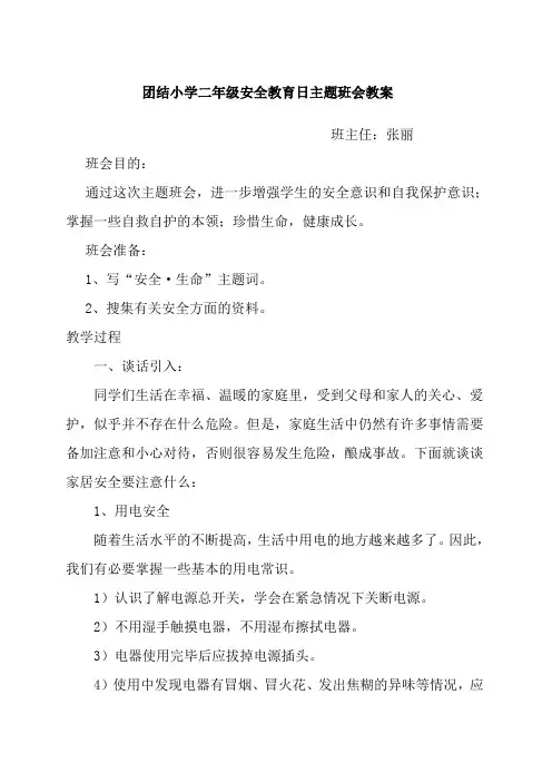二年级安全教育日主题班会教案