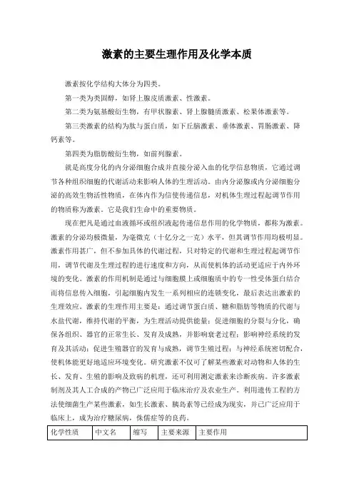 激素的主要生理作用及化学本质