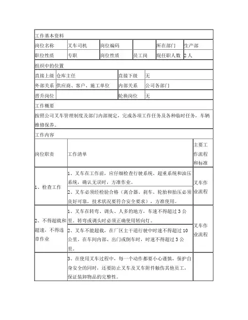 叉车司机岗位说明书 2