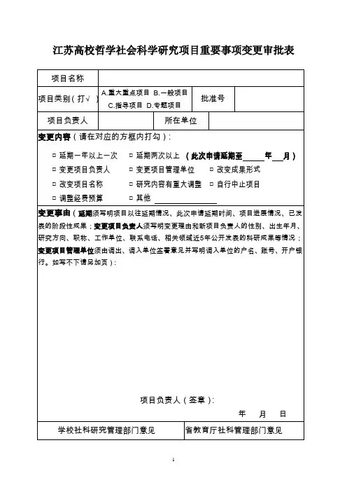 江苏高校哲学社会科学研究项目重要事项变更审批表