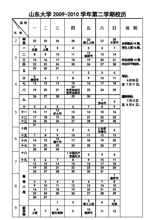山东大学2009-2010学年第二学期校历