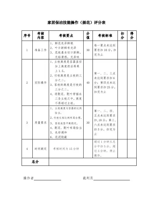家居保洁技能操作(插花)评分表
