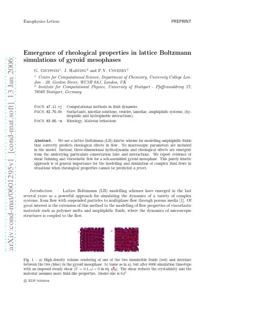 Emergence of rheological properties in lattice Boltzmann simulations of gyroid mesophases