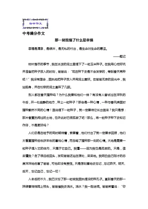 中考满分作文_那一刻我懂了什么是幸福