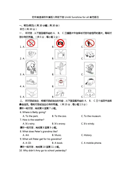 初中英语译林牛津版八年级下册Unit6 Sunshine for all单元练习(带答案)