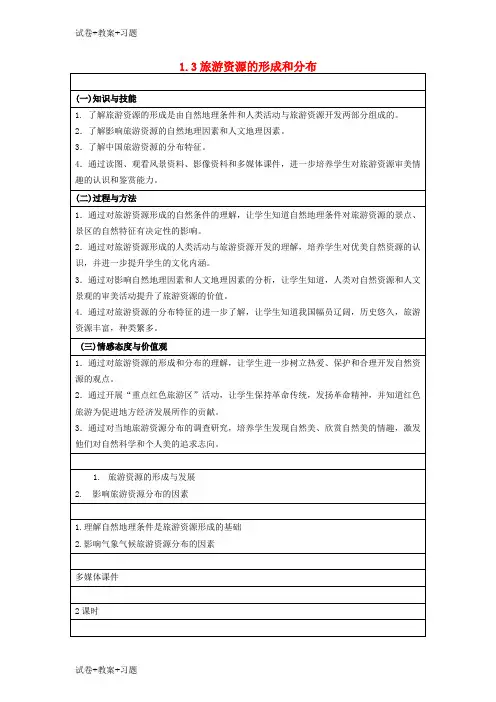 推荐K12学习高中地理第一章旅游和旅游资源1.3旅游资源的形成和分布教案湘教版选修3
