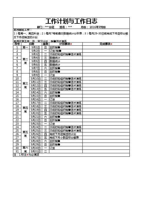 内衣门店店长工作计划与日志