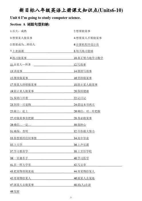 人教版新目标英语八年级上册词组句型归纳Units6-10(汉译英 无答案)