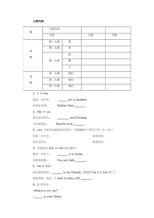 小学,初一英语人称代词物主代词讲解和习题练习