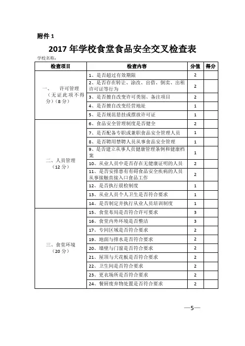 2017年学校食堂食品安全交叉检查表