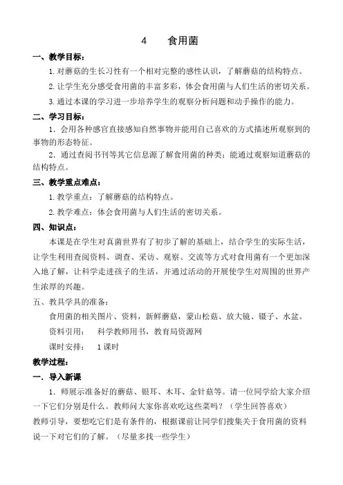 六年级上册科学教案 食用菌 青岛版(六制)