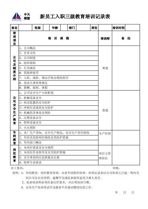 新员入职三级教育培训记录表