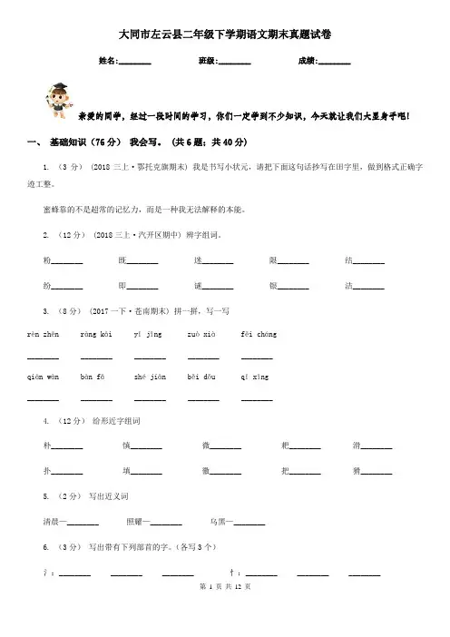 大同市左云县二年级下学期语文期末真题试卷