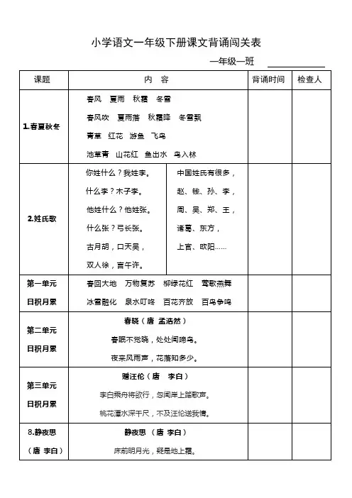 一年级下册课文背诵闯关表