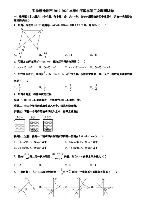 安徽省池州市2019-2020学年中考数学第三次调研试卷含解析