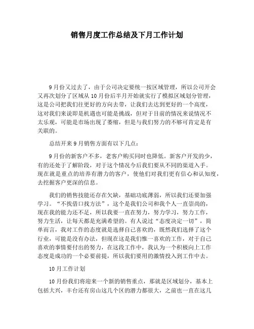 【工作总结范文】销售月度工作总结及下月工作计划