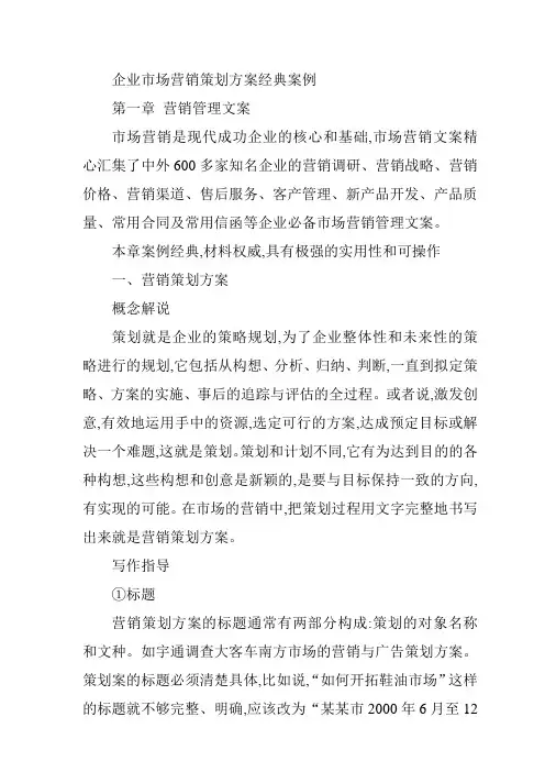 企业市场营销策划方案计划经典案例例子