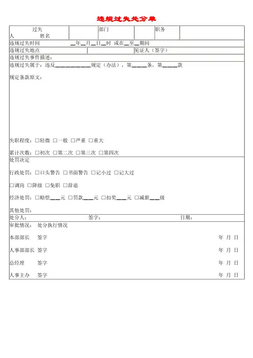 公司员工违纪处罚表格