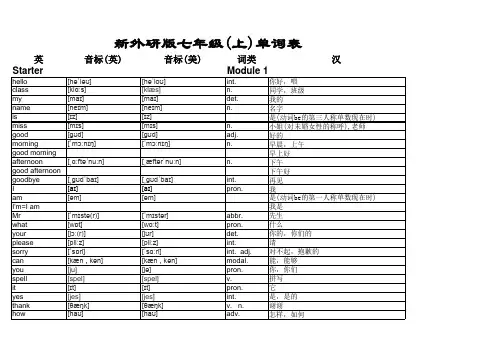 新外研版7年级(上)单词表上传版