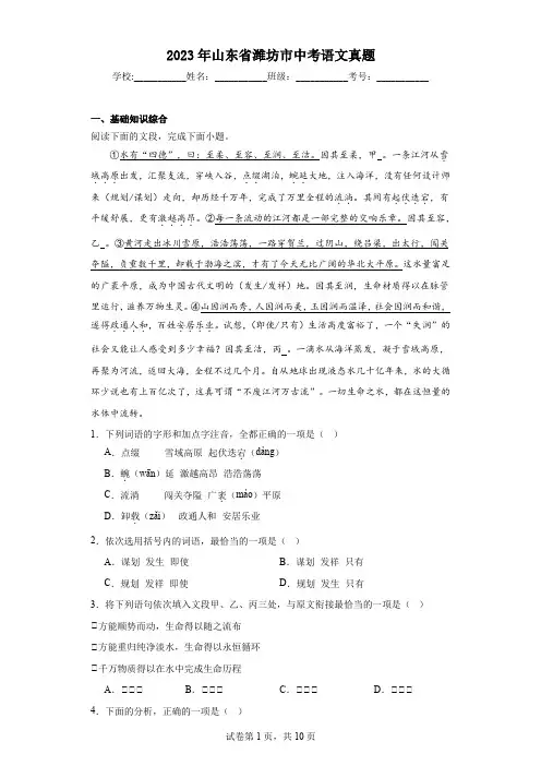 【中考真题】2023年山东省潍坊市中考语文真题(附答案)