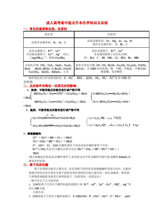 成人高考高中起点升本化学知识点总结