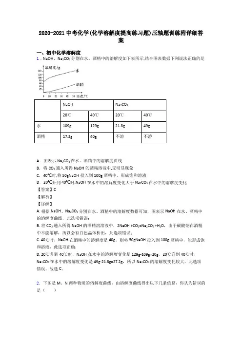 2020-2021中考化学(化学溶解度提高练习题)压轴题训练附详细答案