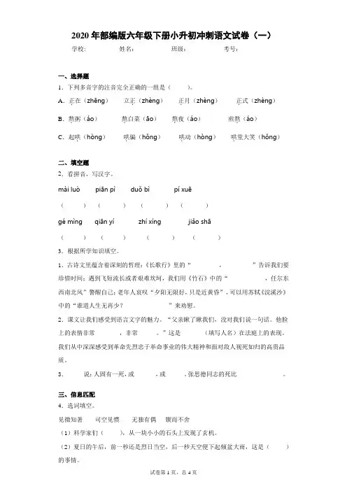 2020年部编版六年级下册小升初冲刺语文试卷(一)