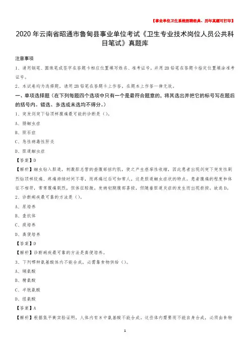 2020年云南省昭通市鲁甸县《卫生专业技术岗位人员公共科目笔试》真题