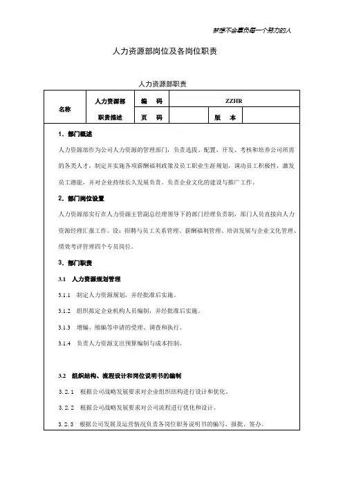 人力资源部岗位及各岗位职责