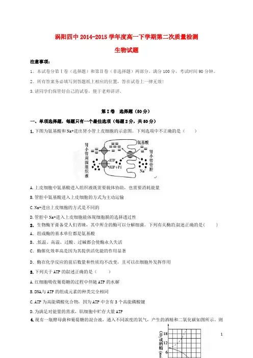 安徽省涡阳县第四中学2014_2015学年高一生物下学期第二次质量检测试题