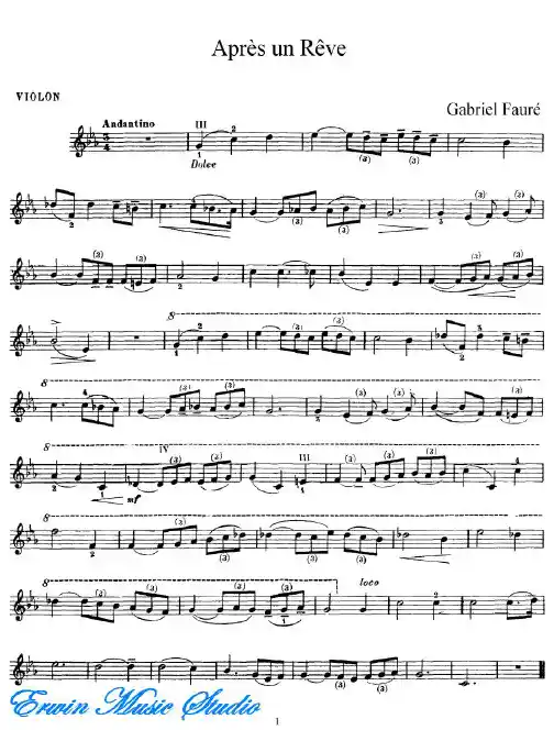 Violin加布里埃尔福雷《梦之后》小提琴曲谱 钢琴伴奏曲谱GabrielFaure,ApresunReve