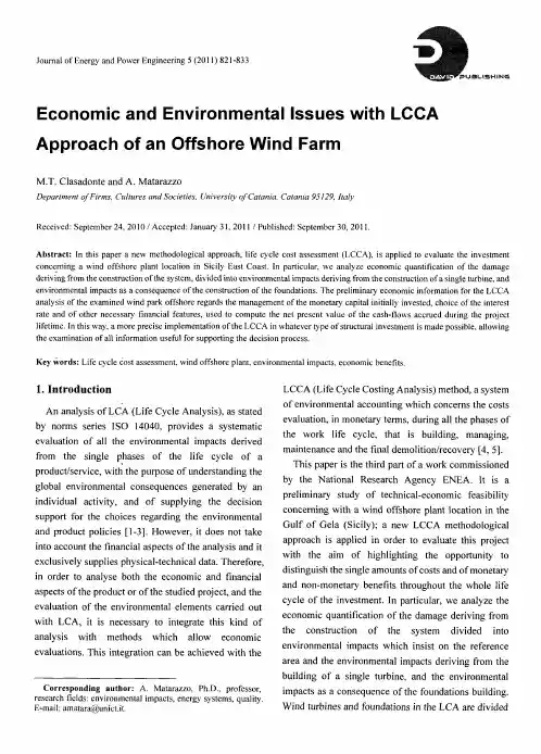 Economic and Environmental Issues with LCCA Approach of an Offshore Wind Farm