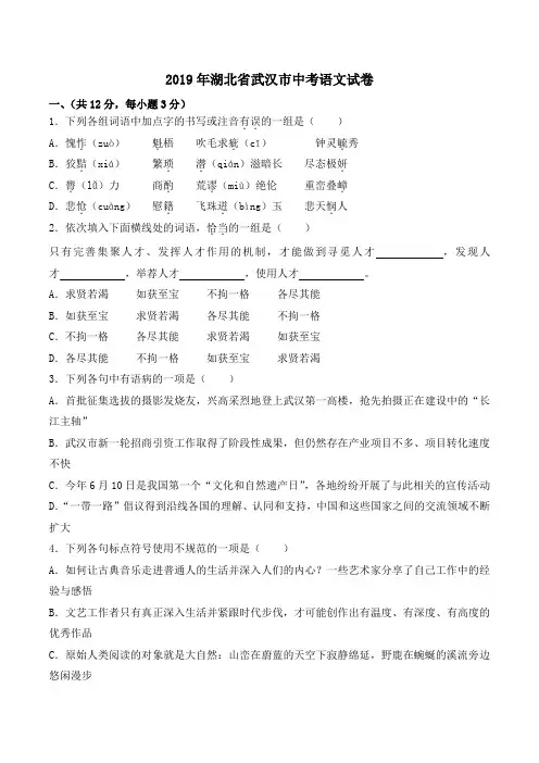2019年湖北武汉中考语文试题(word版,含解析答案)