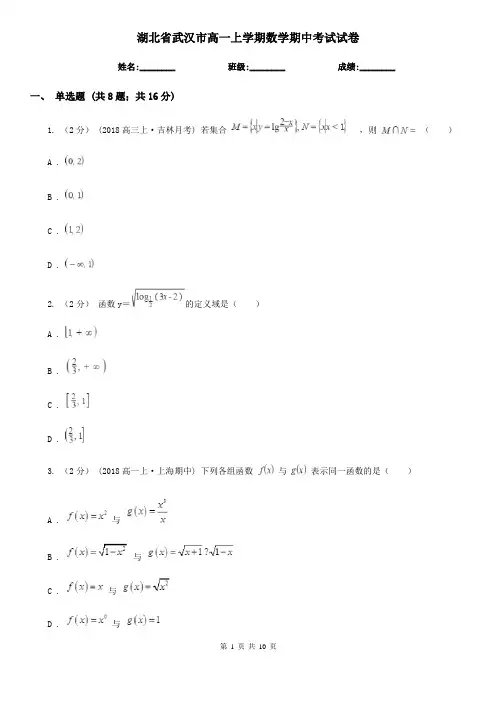 湖北省武汉市高一上学期数学期中考试试卷