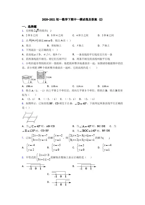 2020-2021初一数学下期中一模试卷及答案 (2)