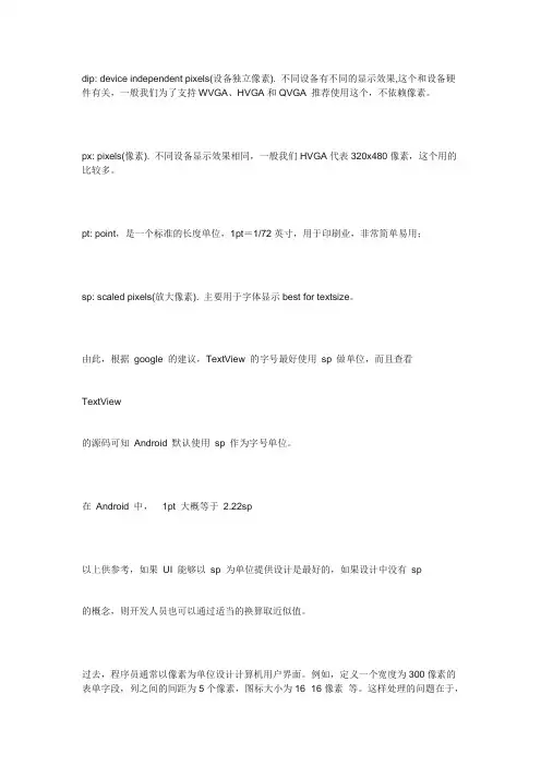 Android上dip、dp、px、sp等单位说明