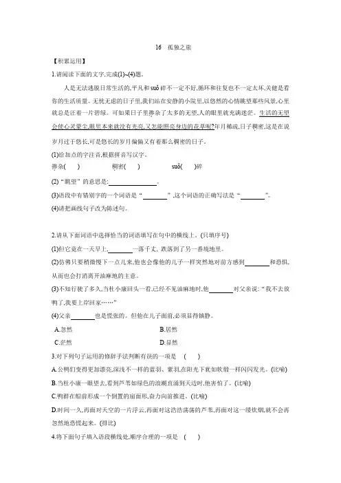 第16课《孤独之旅.同步练习   2020-2021学年部编版语文九年级上册