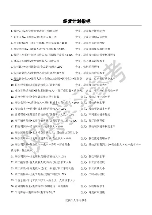 餐饮管理经营计划指标