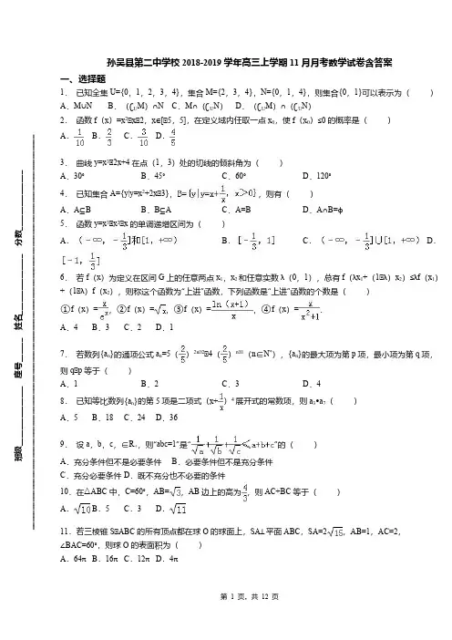 孙吴县第二中学校2018-2019学年高三上学期11月月考数学试卷含答案
