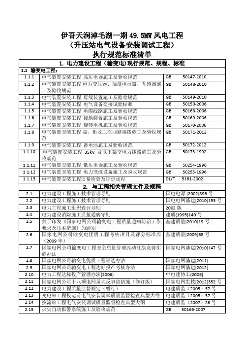 升压站执行标准清单