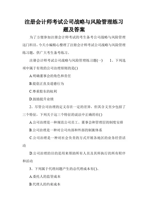 注册会计师考试公司战略与风险管理练习题及答案