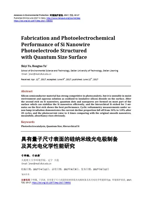 具有量子尺寸表面的硅纳米线光电极制备及其光电化学性能研究