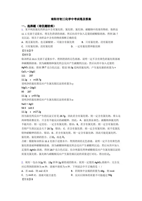 南阳市初三化学中考试卷及答案
