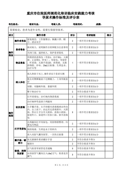技能操作：导尿术评分标准(外科)