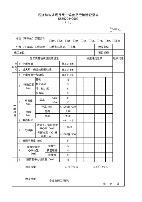 现浇结构外观及尺寸偏差平行检验记录表